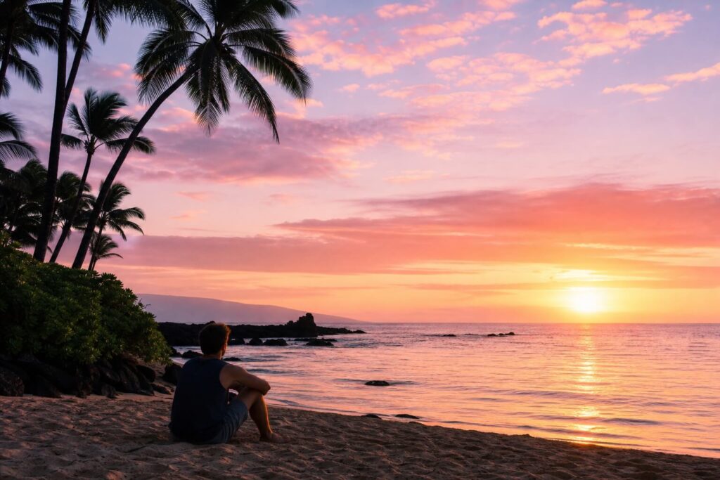 Plage vide à Hawaii au petit matin avec lumière dorée