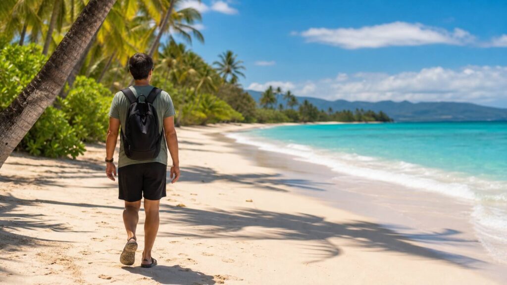 Voyageur en tenue légère marchant sur une plage à Hawaï