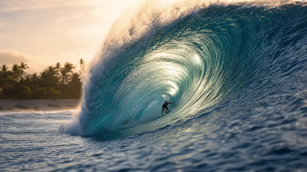 Surfeur dans le tube d'une vague géante à Banzai Pipeline sur la North Shore d'Oahu pendant la saison de surf hivernale à Hawaii