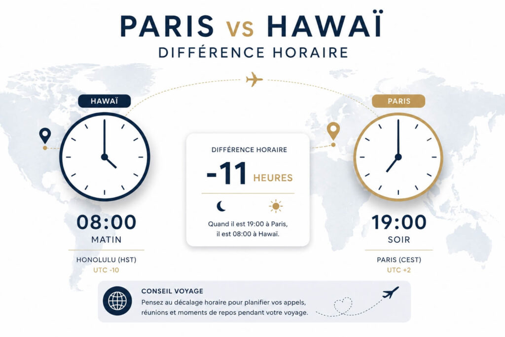 Illustration du décalage horaire entre Paris et Hawaii avec horloges