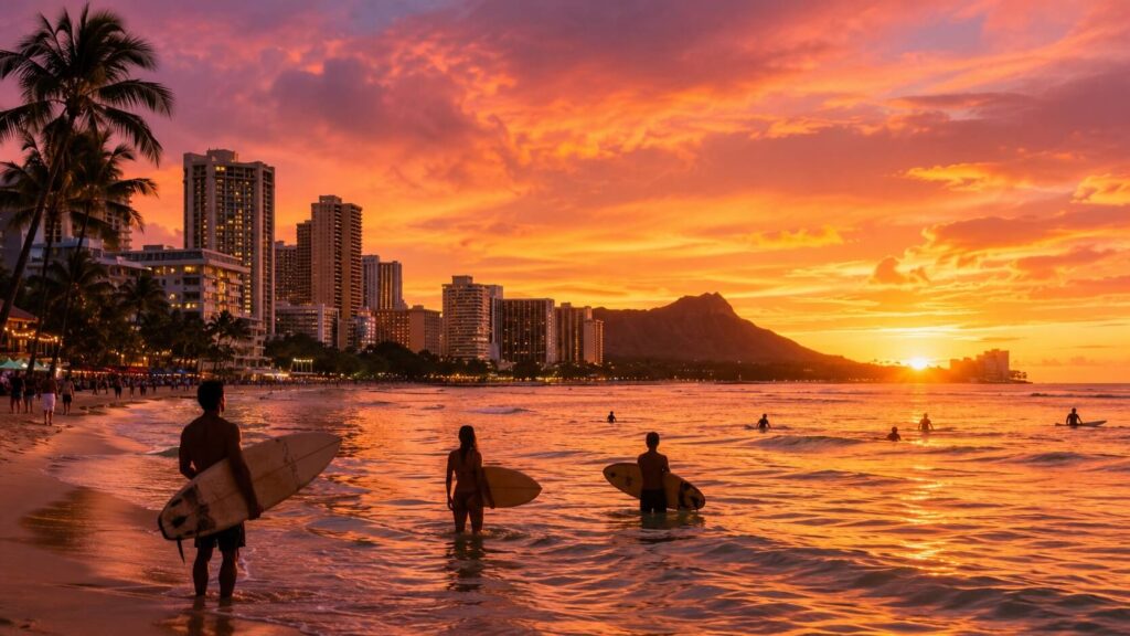 Plage de Waikiki avec soleil couchant et surfeurs