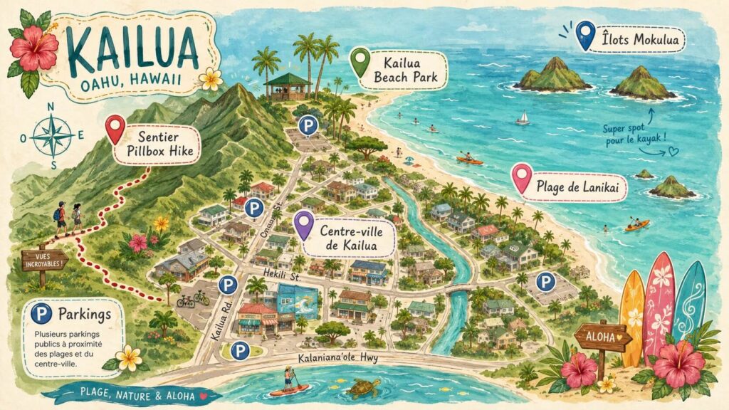 Carte illustrée de Kailua montrant les plages, randonnées et points d'intérêt