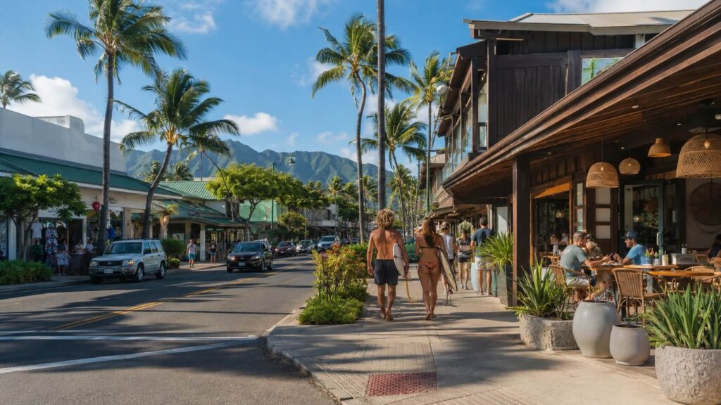 Rue animée du centre de Kailua avec ses boutiques de surf, cafés et palmiers