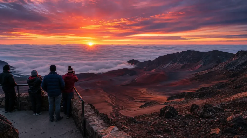 Coucher de soleil spectaculaire au-dessus de la mer de nuages depuis le sommet du volcan Haleakala à Maui à 3000 mètres d'altitude