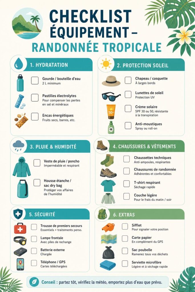 Liste visuelle de l’équipement nécessaire pour une randonnée à Hawaii 8.