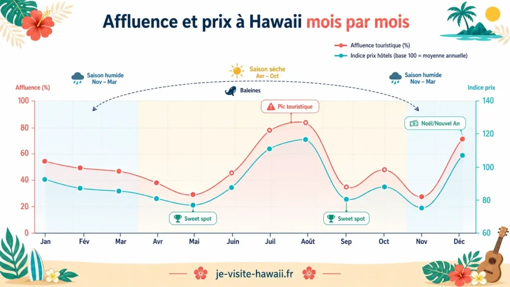 Courbes d'affluence touristique et de prix des hôtels à Hawaii mois par mois avec les meilleures périodes pour partir en mai et septembre