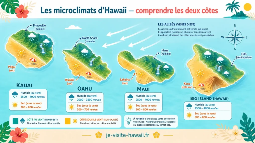 Carte des microclimats des îles d'Hawaii montrant les côtes au vent humides et les côtes sous le vent ensoleillées de Oahu, Maui, Kauai et Big Island