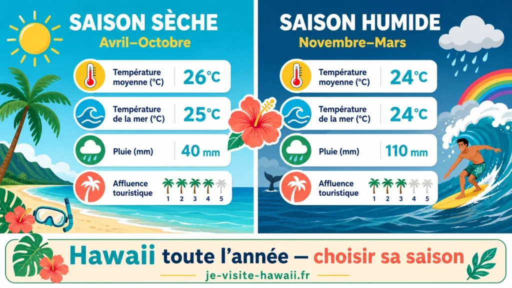 Comparatif visuel entre la saison sèche (avril à octobre) et la saison humide (novembre à mars) à Hawaii avec températures et pluviométrie