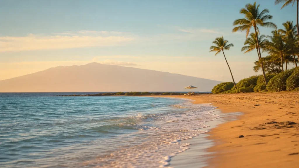 Plage paisible et déserte de Wailea à Maui sous un ciel ensoleillé illustrant la météo idéale d'Hawaii en mai et septembre