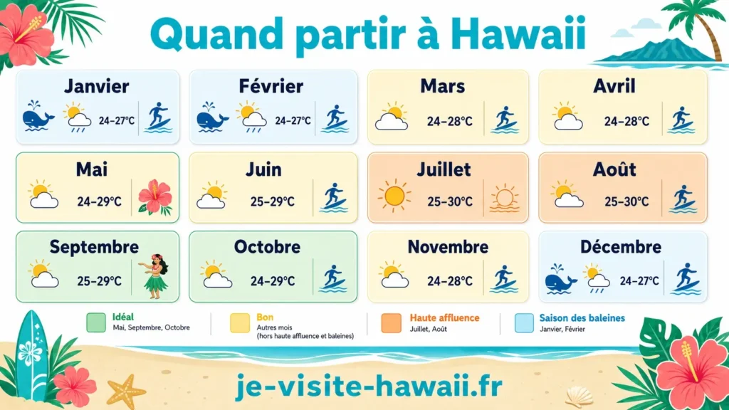 Infographie calendrier des 12 mois pour savoir quand partir à Hawaii avec météo, températures et événements clés par mois