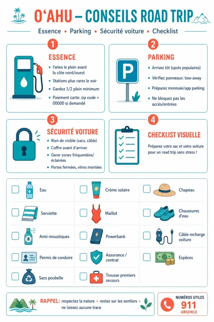 Infographie conseils pratiques road trip Oahu essence parking sécurité voiture checklist visuelle