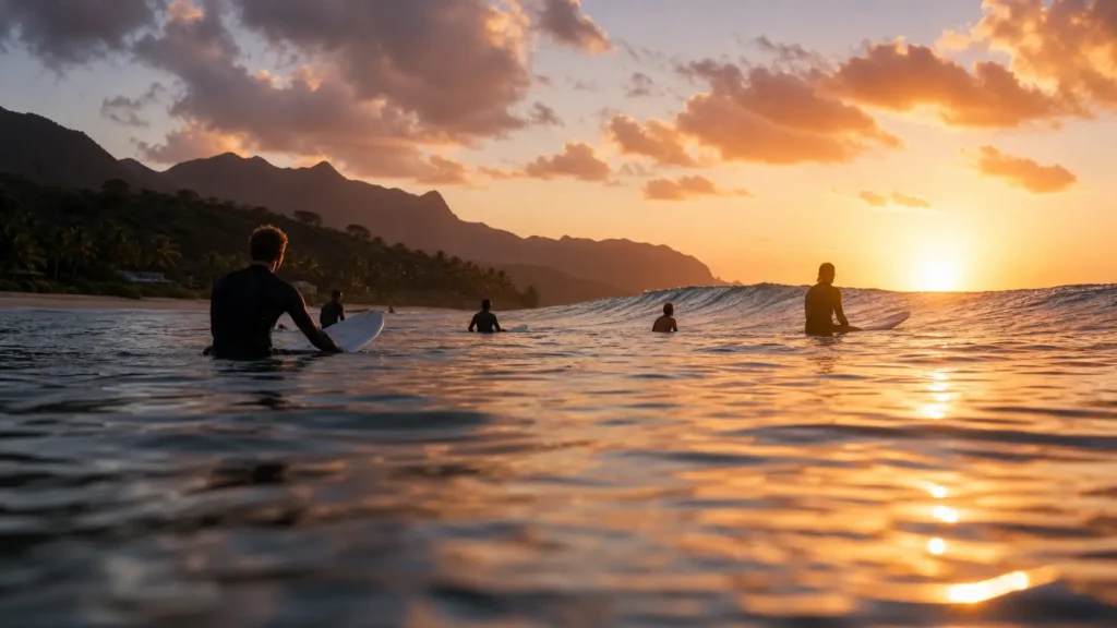Surfeurs attendant leur tour sur une vague à Hawaï