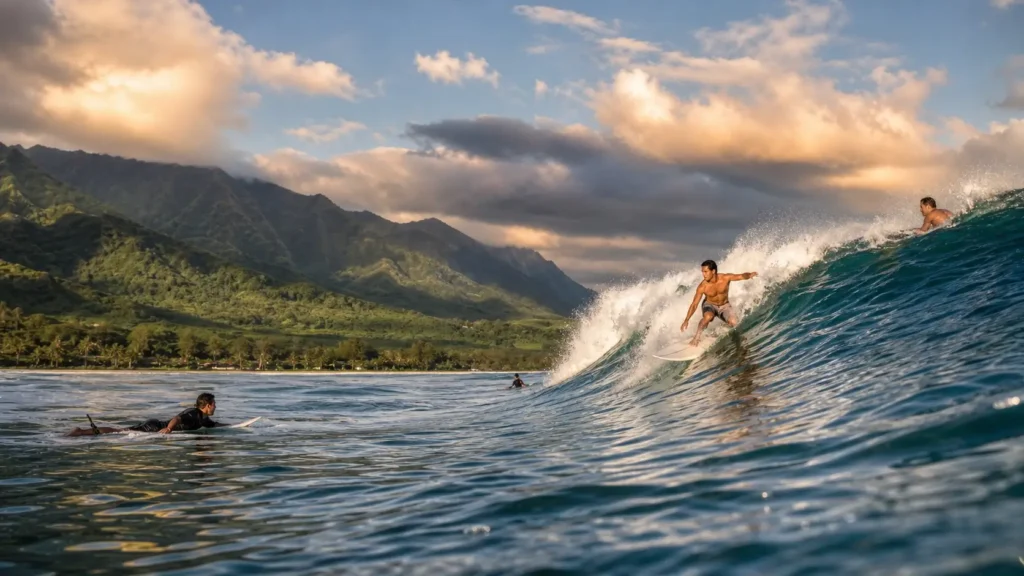 Surfeurs dans les vagues de Hanalei Bay avec montagnes en arrière-plan