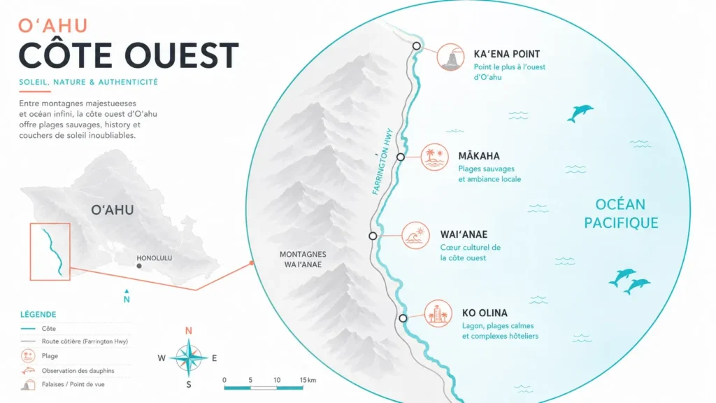 Infographie carte côte ouest Oahu avec points clés Ko Olina, Waianae, Makaha, Kaena Point, style clair et moderne