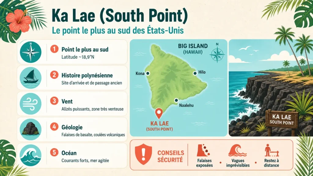 Infographie sécurité voyage à South Point (vents forts, falaises, baignade dangereuse), pictogrammes clairs