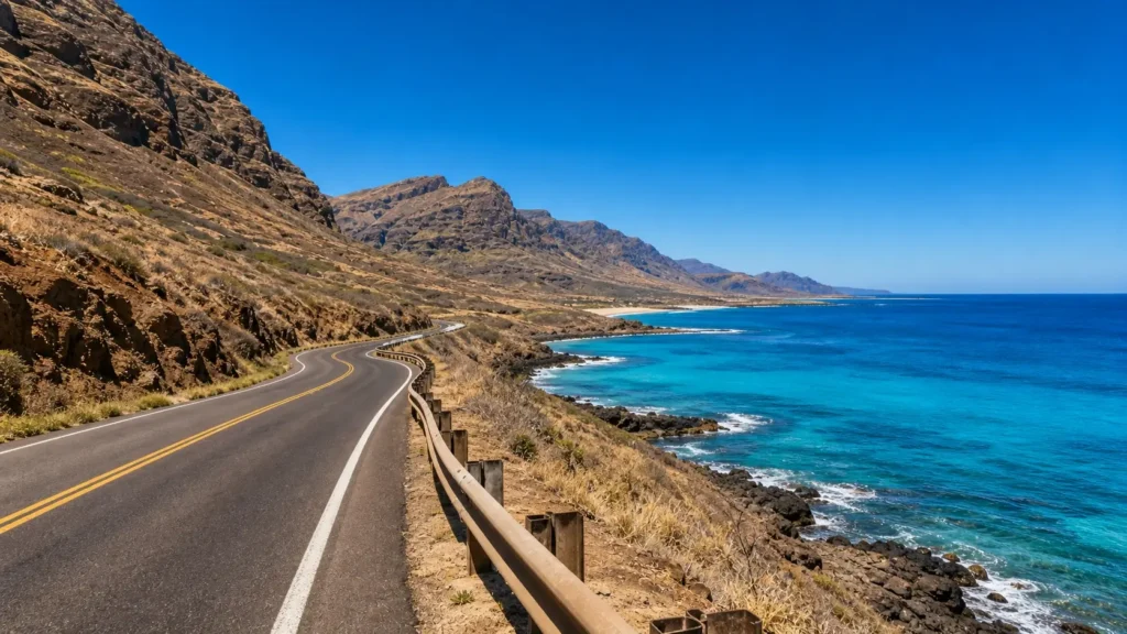 Route côtière longeant l’océan sur la côte ouest d’Oahu