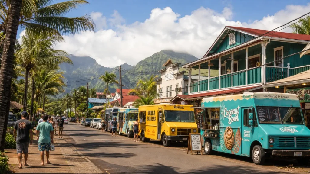 Rue du village de Hanalei avec boutiques et ambiance tropicale