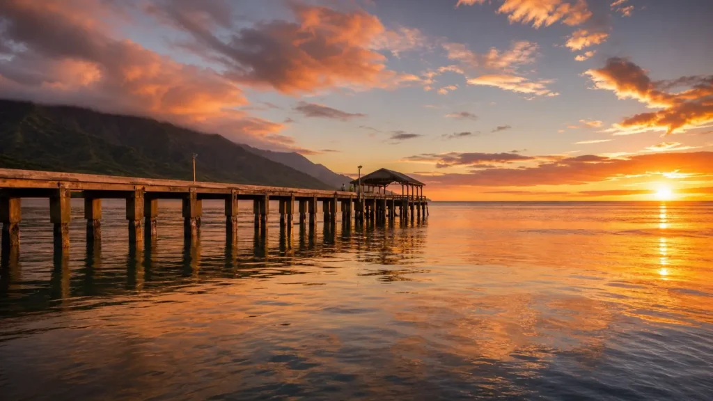 Jetée en bois de Hanalei avec coucher de soleil sur l’océan Pacifique