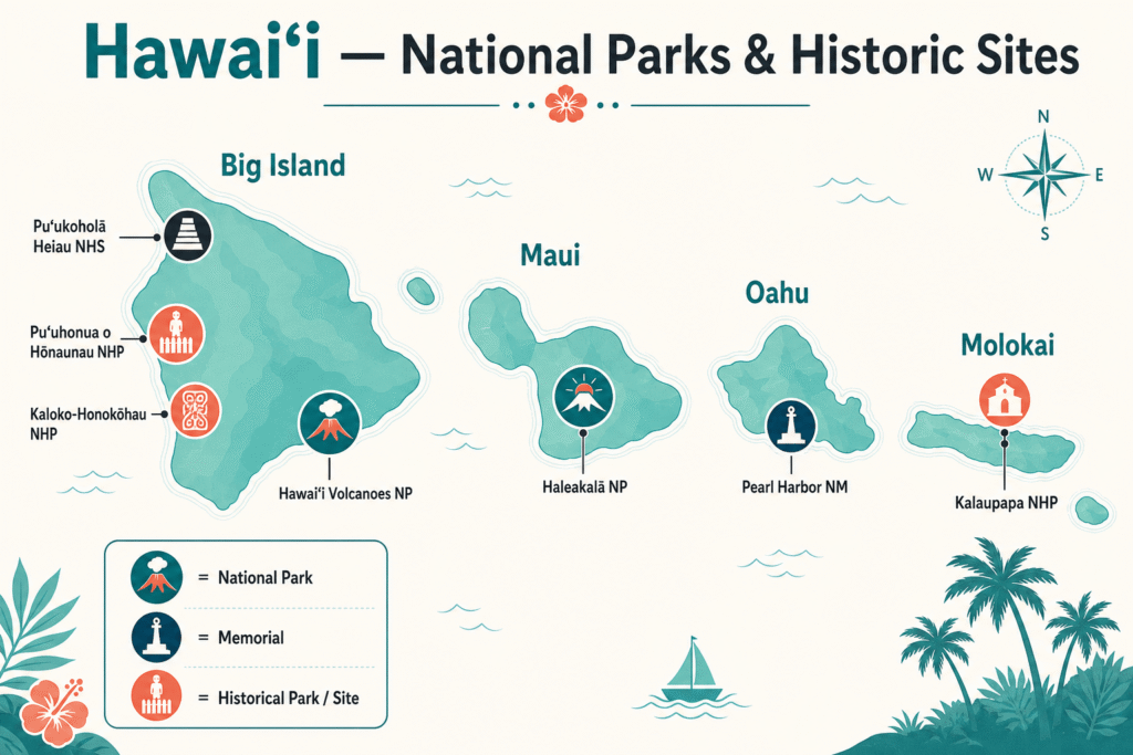 Carte infographique des îles d’Hawaii (Big Island, Maui, Oahu, Molokai) indiquant les principaux sites du National Park Service : Hawaii Volcanoes et Haleakala (parcs nationaux), Pearl Harbor (mémorial), ainsi que Puuhonua o Honaunau, Kaloko-Honokohau, Kalaupapa et Puukohola Heiau (sites historiques), avec des icônes illustrant volcans, mémoire et patrimoine.
