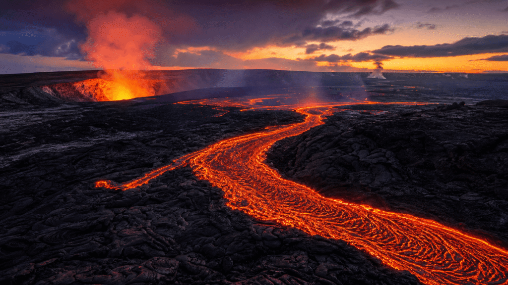 Coulée de lave dans le parc national des volcans d’Hawaii