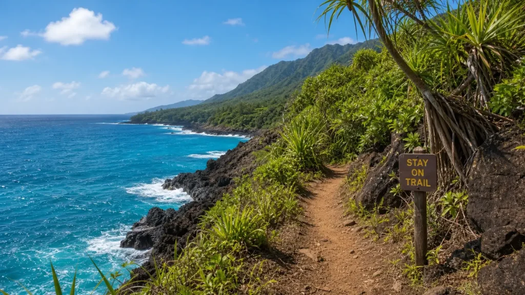 Sentier côtier à Hawaï avec panneau indiquant de rester sur le chemin