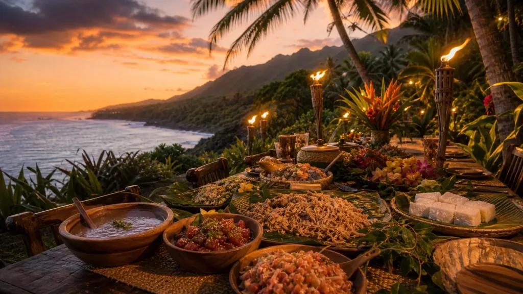 Table de luau avec plats traditionnels hawaïens au coucher du soleil