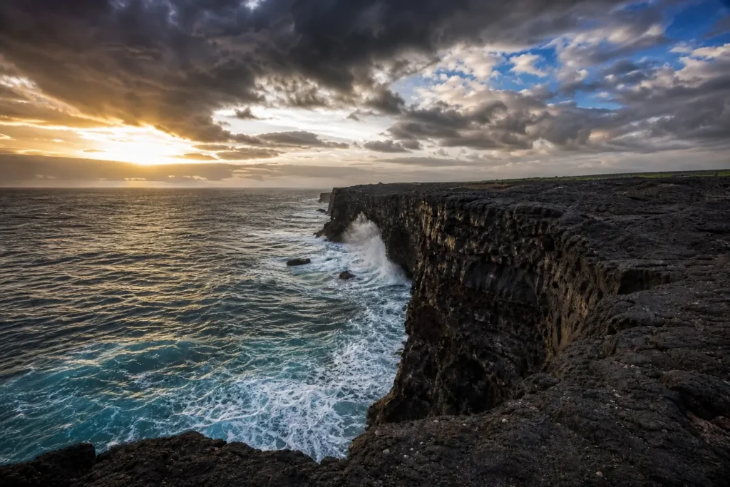 Paysage sauvage de Ka Lae avec vents forts et falaises