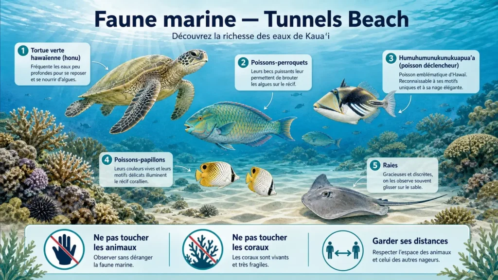 Infographie naturaliste illustrant une tortue verte hawaïenne, des poissons-perroquets, un humuhumunukunukuapua’a, des poissons-papillons et des raies, avec un rappel invitant à ne pas toucher les animaux ni les coraux.