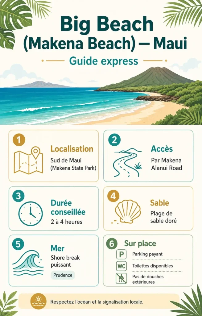Infographie éditoriale en français consacrée à Big Beach Makena, indiquant sa localisation dans le sud de Maui, son accès par Makena Alanui Road, la durée de visite conseillée, le sable doré, le shore break puissant, le parking, les toilettes et l’absence de douches extérieures.