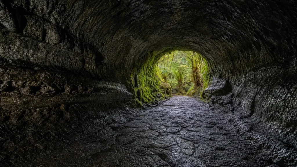 Passage dans un tunnel de lave entouré de végétation tropicale à Hawaii