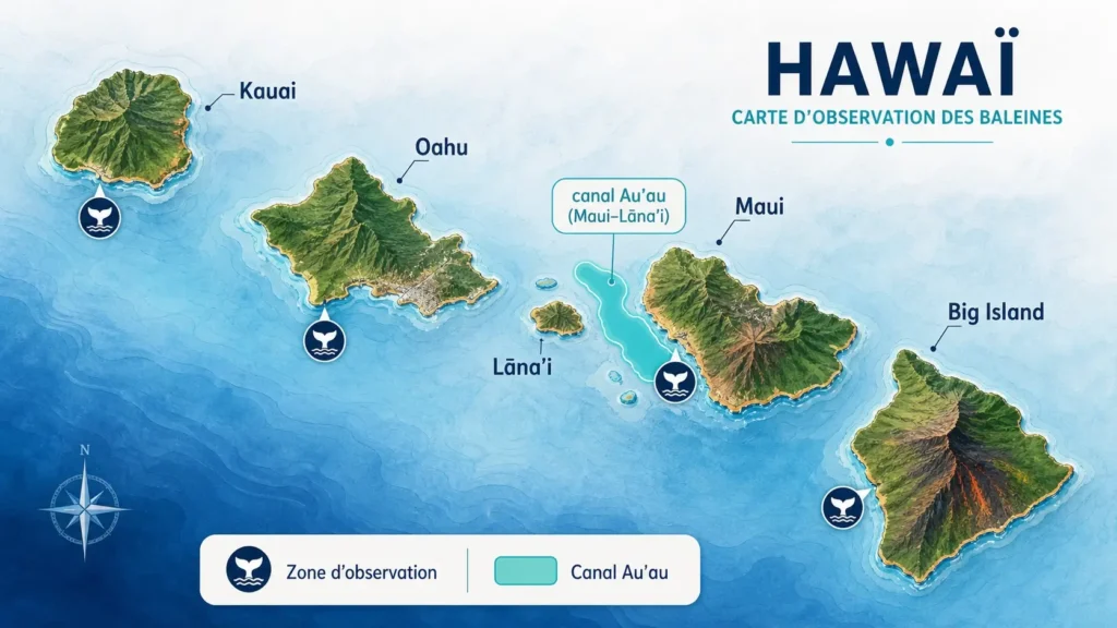 Infographie cartographique indiquant les principales îles hawaïennes et les zones privilégiées pour observer les baleines, notamment le canal Auʻau entre Maui et Lānaʻi.
