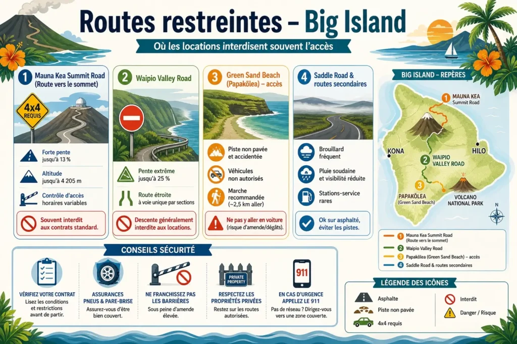 Infographie des routes interdites ou risquées à Big Island incluant Mauna Kea, Waipio Valley et Green Sand Beach avec symboles d’avertissement