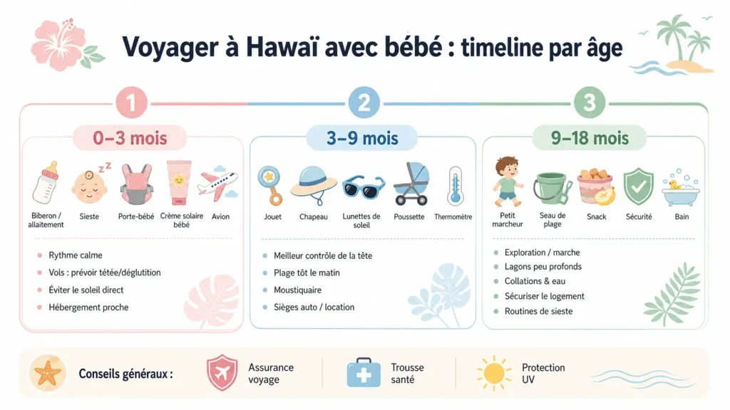 Infographie timeline présentant les différentes étapes d’âge (0-3 mois, 3-9 mois, 9-18 mois) et leur impact sur un voyage à Hawaï, avec conseils visuels, icônes douces et couleurs pastel.