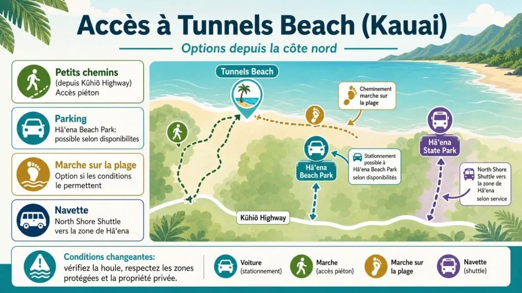 Infographie en français comparant les différents accès à Tunnels Beach : chemins depuis la route Kuhio, stationnement éventuel à Hā‘ena Beach Park, marche sur la plage et navette vers la zone de Hāʻena, avec distinction entre les deux parcs.