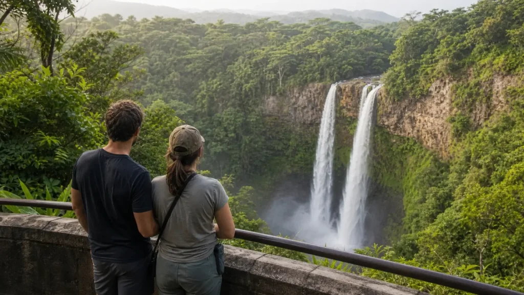 Voyageurs observant Wailua Falls depuis le point de vue sécurisé de la côte est de Kauai.