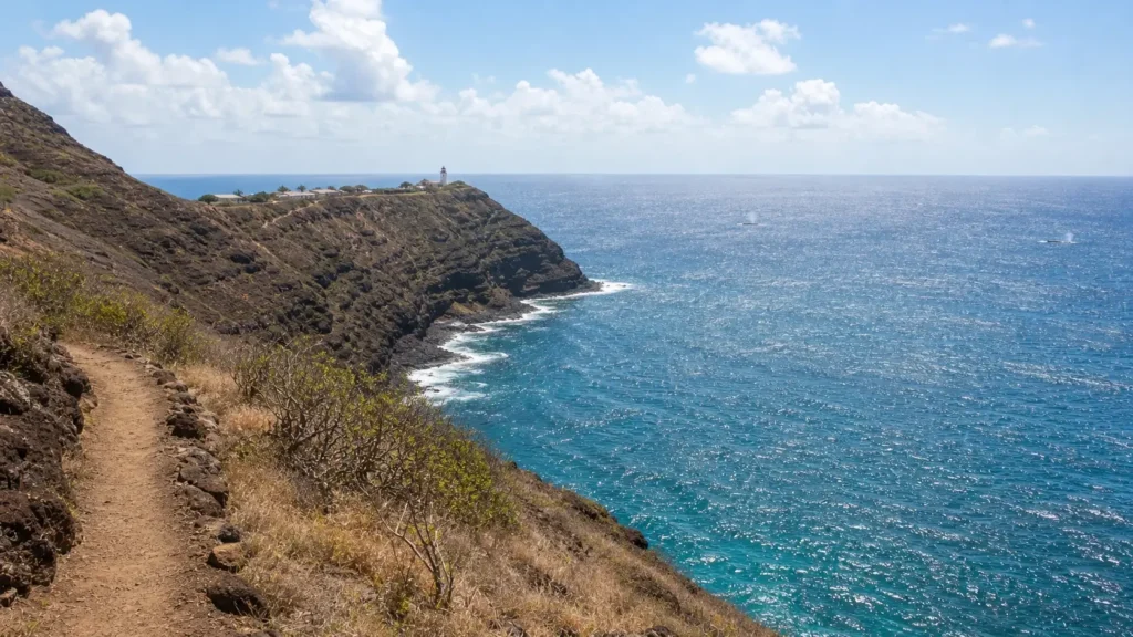 Vue sur l’océan depuis Makapuʻu Point avec des baleines au large.