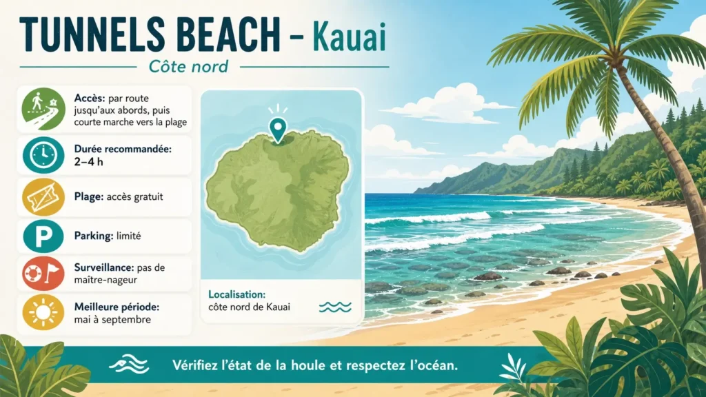 Infographie touristique en français présentant la localisation de Tunnels Beach sur la côte nord de Kauai, son accès, la durée de visite conseillée, le stationnement limité, l’absence de maître-nageur et la période généralement la plus favorable.