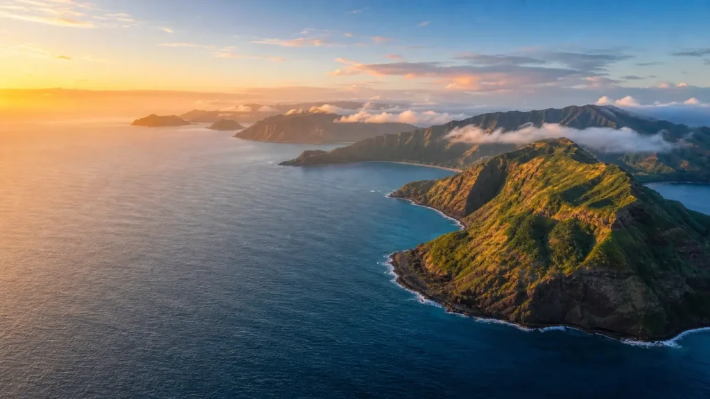 Vue aérienne des îles hawaïennes dans l’océan Pacifique au lever du soleil.