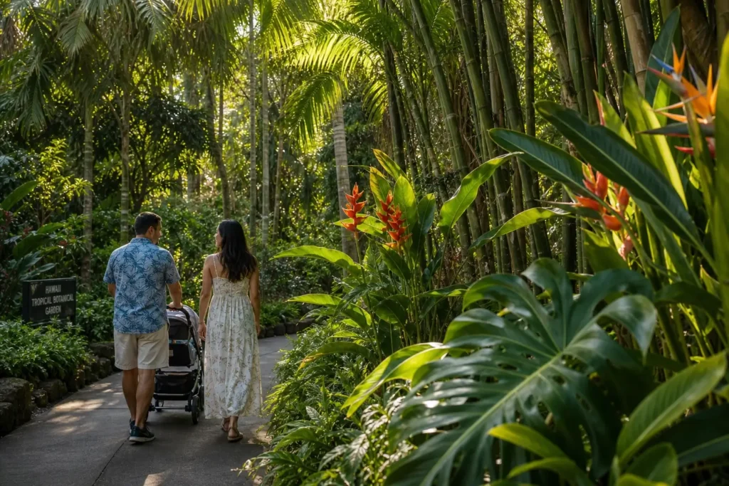 Parents se promenant avec une poussette dans un jardin tropical hawaïen