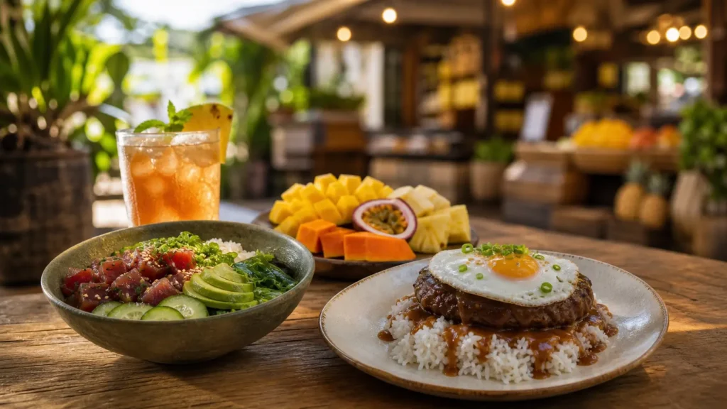 Table garnie de spécialités culinaires hawaïennes dans un marché tropical.