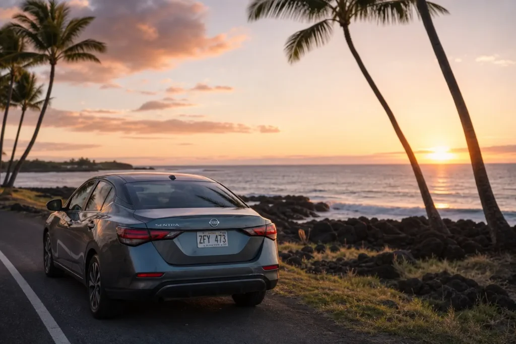 Voiture de location face au coucher de soleil sur la côte de Kona