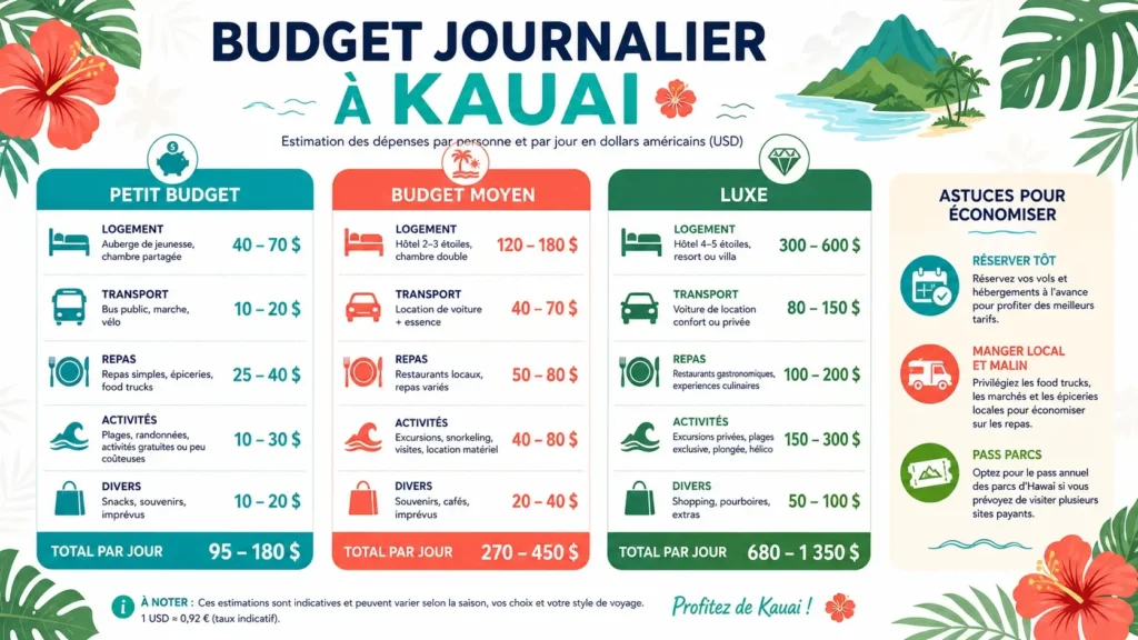 Infographie des coûts moyens pour voyager à Kauai selon différents budgets