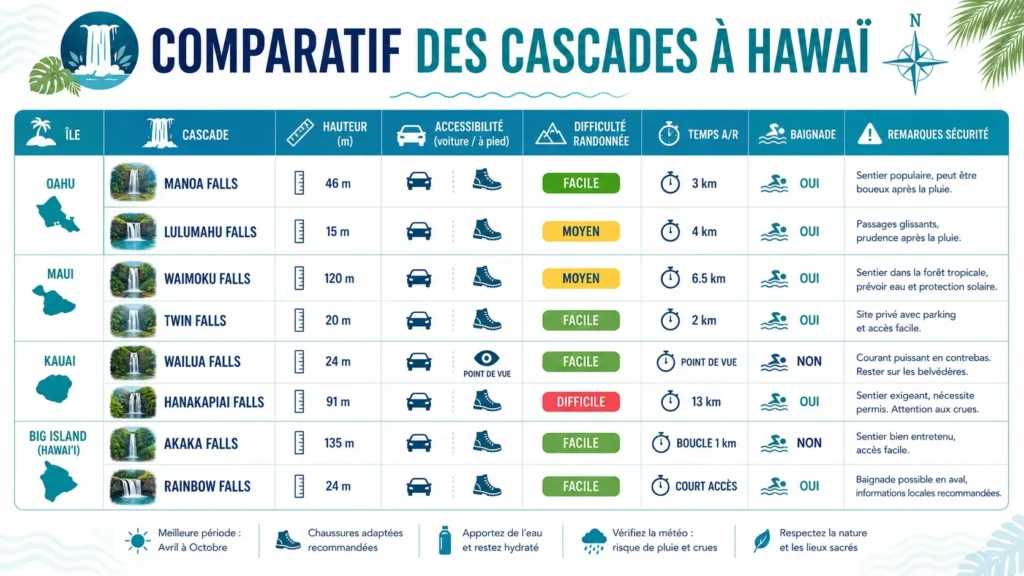 Infographie comparatif des cascades (hauteur, accessibilité, difficulté randonnée)
