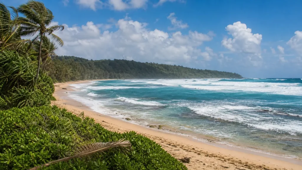 Vagues puissantes se brisant sur le récif de Tunnels Beach pendant la saison hivernale.