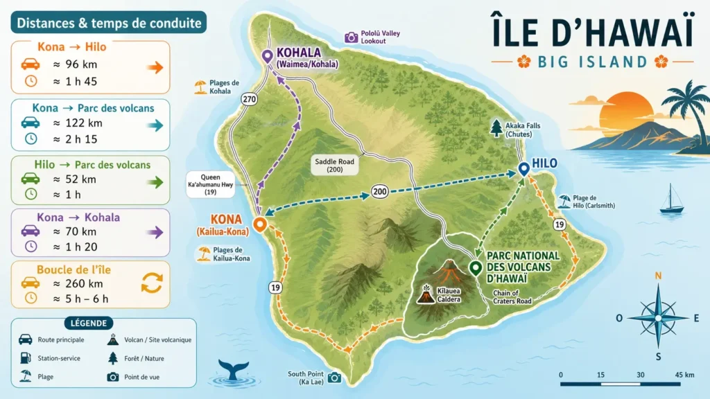 Carte de Big Island à Hawaï avec distances et temps de trajet entre Kona, Hilo, le parc des volcans et Kohala, illustrée avec icônes de route