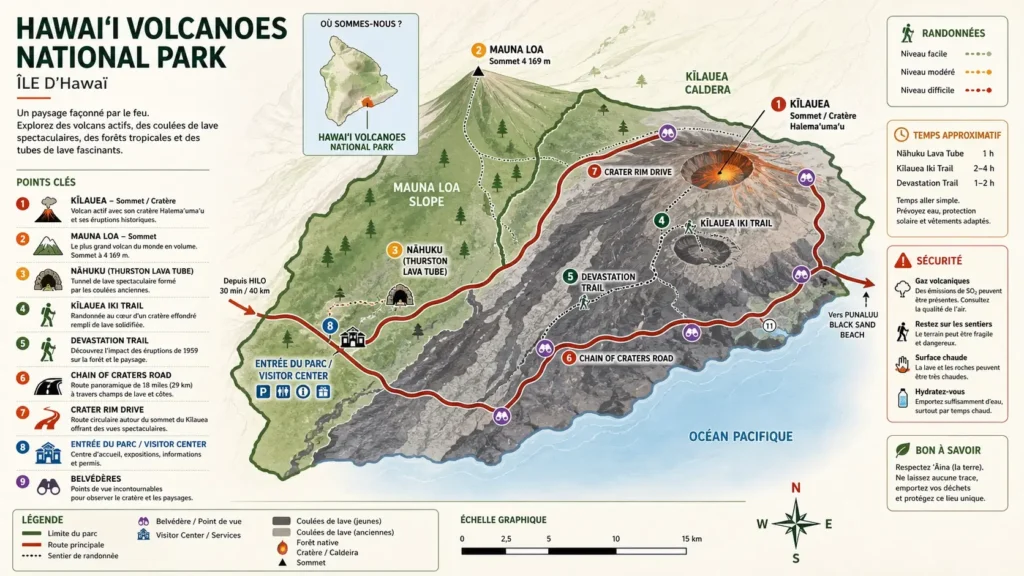 Infographie carte du Hawaii Volcanoes National Park avec points clés (Kilauea, Mauna Loa, routes, randonnées), style clair et moderne