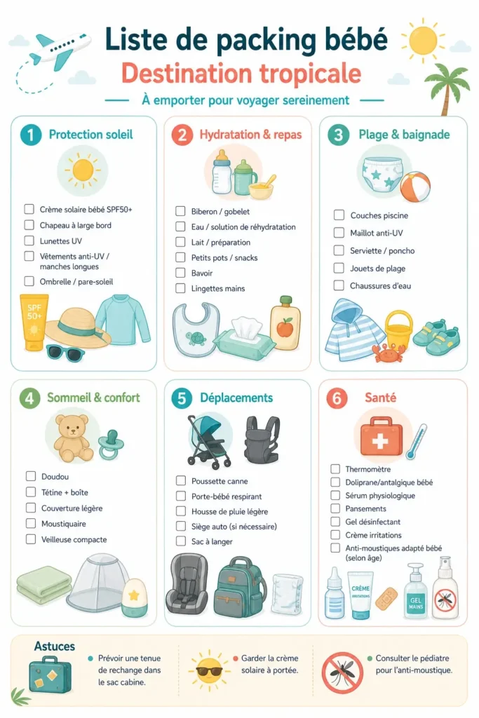 Infographie moderne présentant les essentiels pour un bébé sous climat tropical : crème solaire, chapeau, poussette, trousse de premiers soins et vêtements légers, avec icônes colorées et design épuré.
