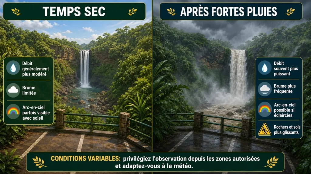 Infographie comparative montrant Wailua Falls par temps sec et après de fortes pluies, avec un débit plus important, de la brume et un arc-en-ciel possible.