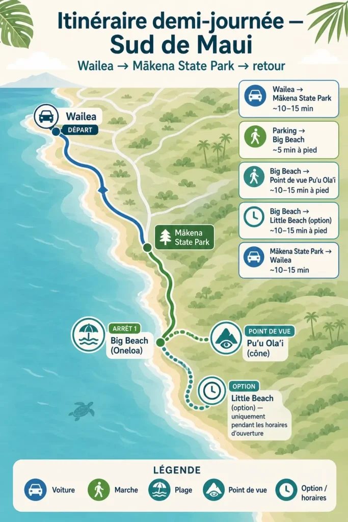Carte stylisée en français montrant un itinéraire depuis Wailea vers Makena State Park, Big Beach, le cône volcanique Puʻu Olaʻi et Little Beach pendant ses horaires d’ouverture, avant le retour vers Wailea, avec des temps de trajet approximatifs.