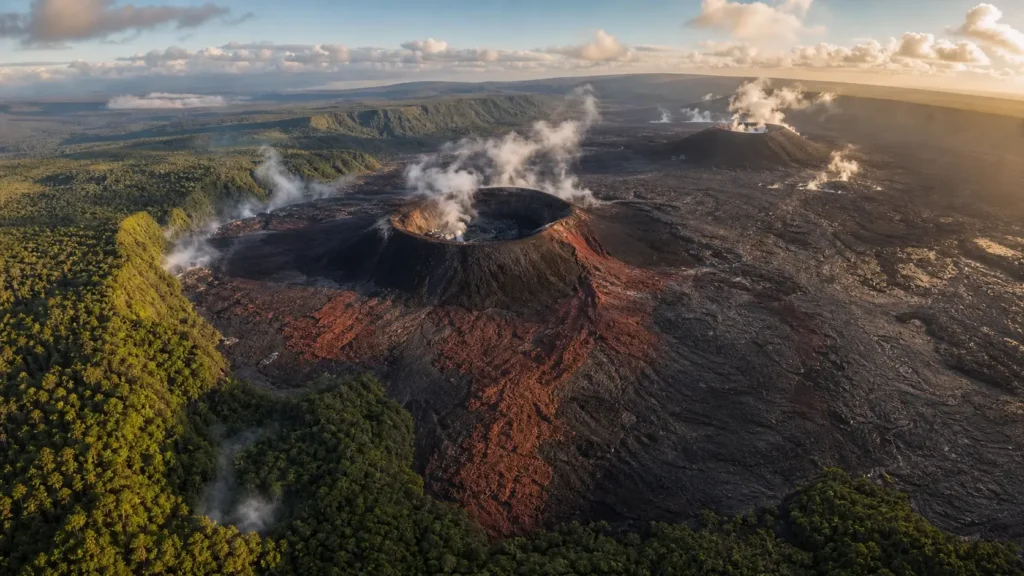 Paysage volcanique vu du ciel sur Big Island avec cratères et coulées de lave